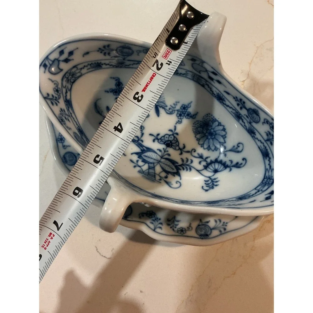 Vintage Blue Onion Porcelain Gravy Boat Attached Underplate Double Handle 9 inch
